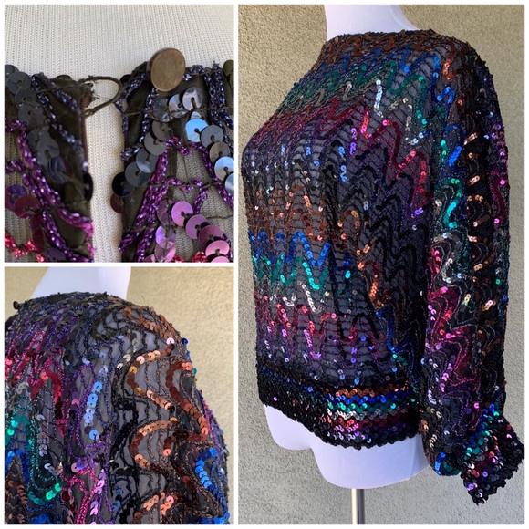Multi-Colored Sequined Top on Black Chiffon Disco - Picture 3 of 8